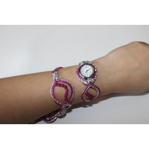 Bracelet montre- Piéce Unique- Duo d'aluminium rose fuchsia argent, Agates véritables