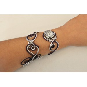 Bracelet montre - Duo d'aluminium argenté prune violet  modéle 2